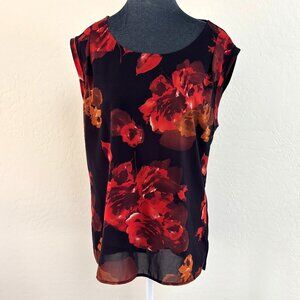 The Limited Floral Cap Sleeve Mixed Media Shell - Purple/Orange/Red - Size L